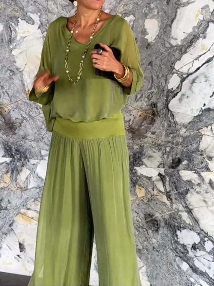 Women's Sexy V-neck Short Sleeved Top And Wide Leg Pant Set Chiffon Casual Loose Outfit.  S-3X