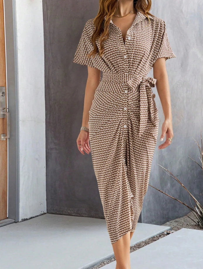 Women's Summer Turn-Down Collar High Waist Casual Short Sleeved Ruched Button Daily Long Shirt Dress.  S-XL