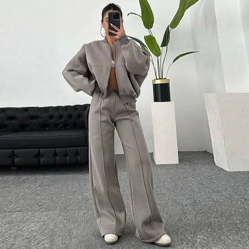 Casual Pants Set Women Spring Autumn Zip Up Jacket Loose Elastic Waist Trousers Suit.