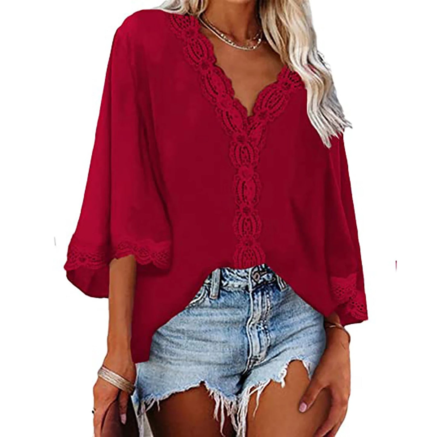 European style spring and summer new women's shirt flared sleeve V-neck loose shirt.  S-2X