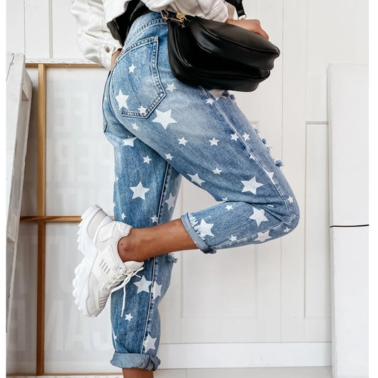 Women's High Waist Straight Leg Jeans - Ripped Denim with Star Pattern