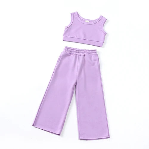 Fashion Kids Little Girls Clothing 2 Pieces Sets Cotton Solid Casual T-shirt+Elastic Waist Pants Young .