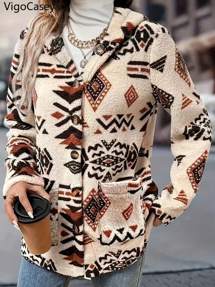 Women's Printed Hooded Jacket - Plush Warm Button-Up Coat (S-2X)