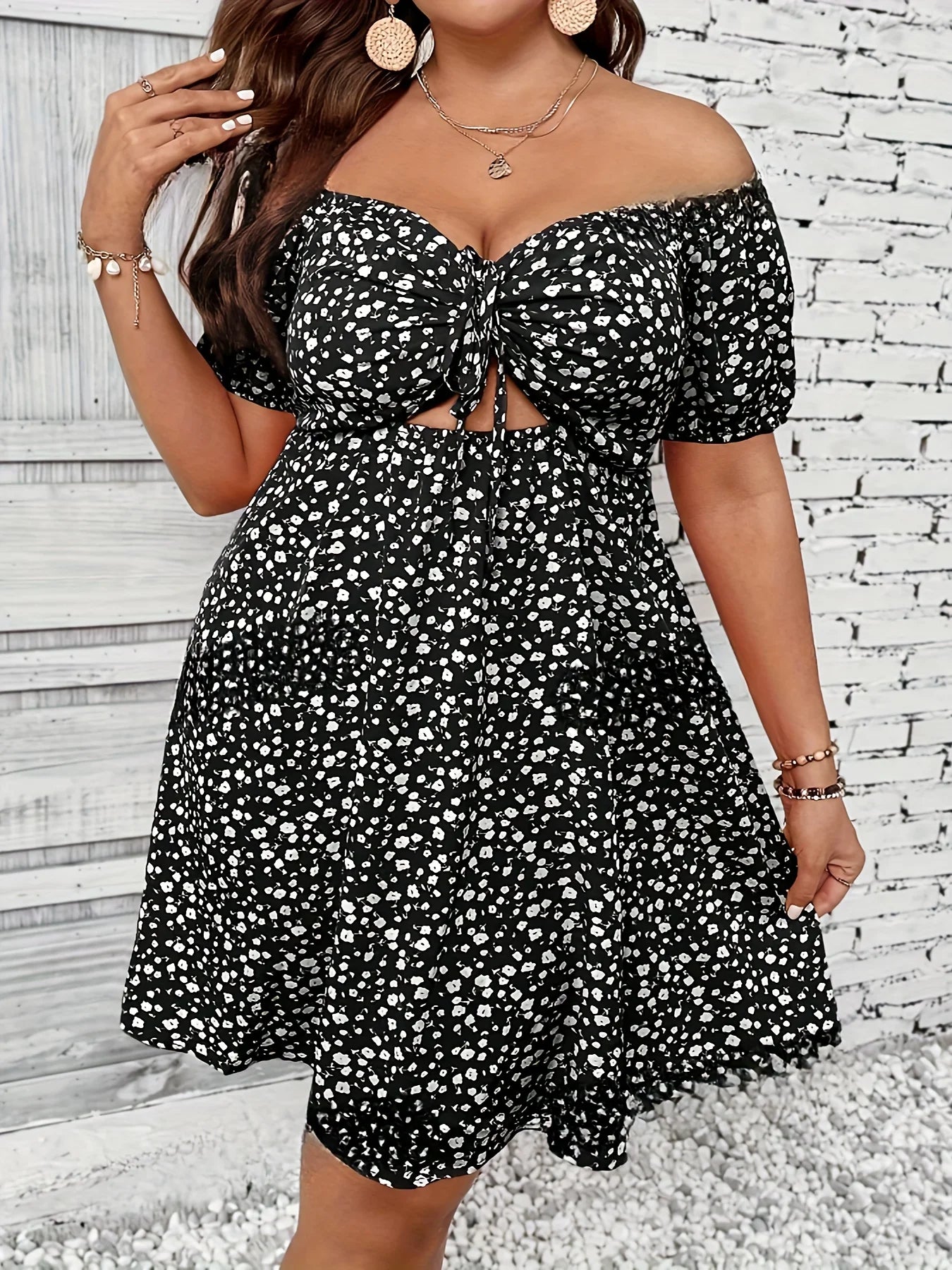 Curvy Size Summer Ladies Elegant Floral Print Off the Shoulder Dress.