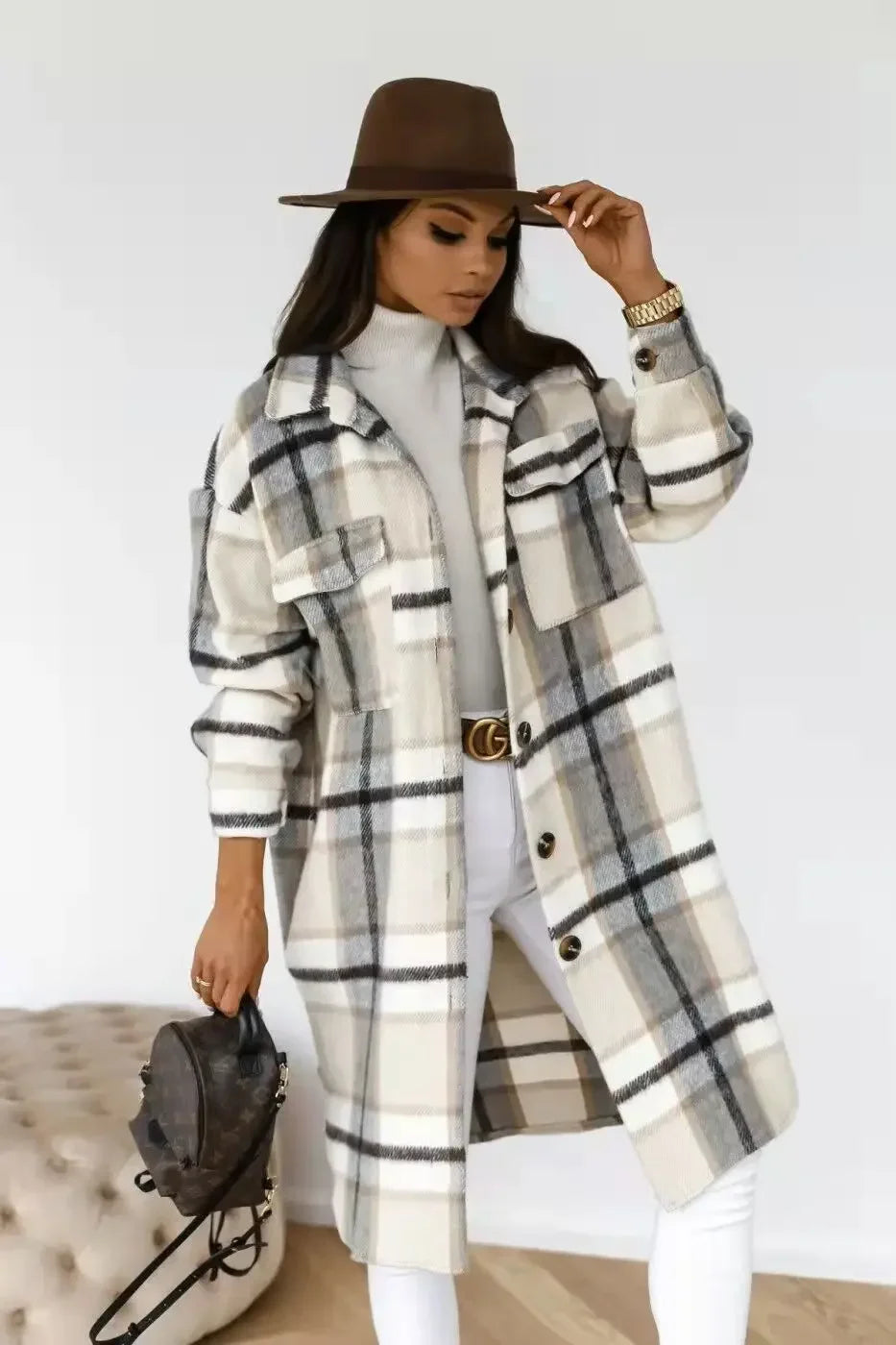Jacket Spring and Autumn Jacket Women's Plaid Polished Long Sleeve And Pockets Outerwear.  S-2x