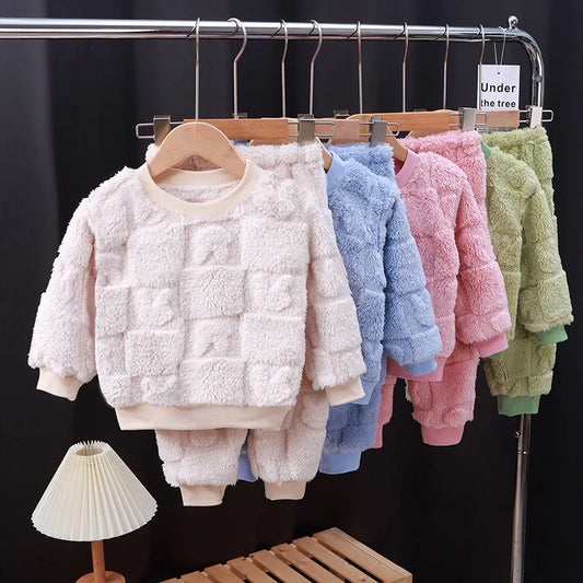Autumn and Winter Flannel Children's Unisex Plush Thick Warm Lounge/Sleep Wear Set