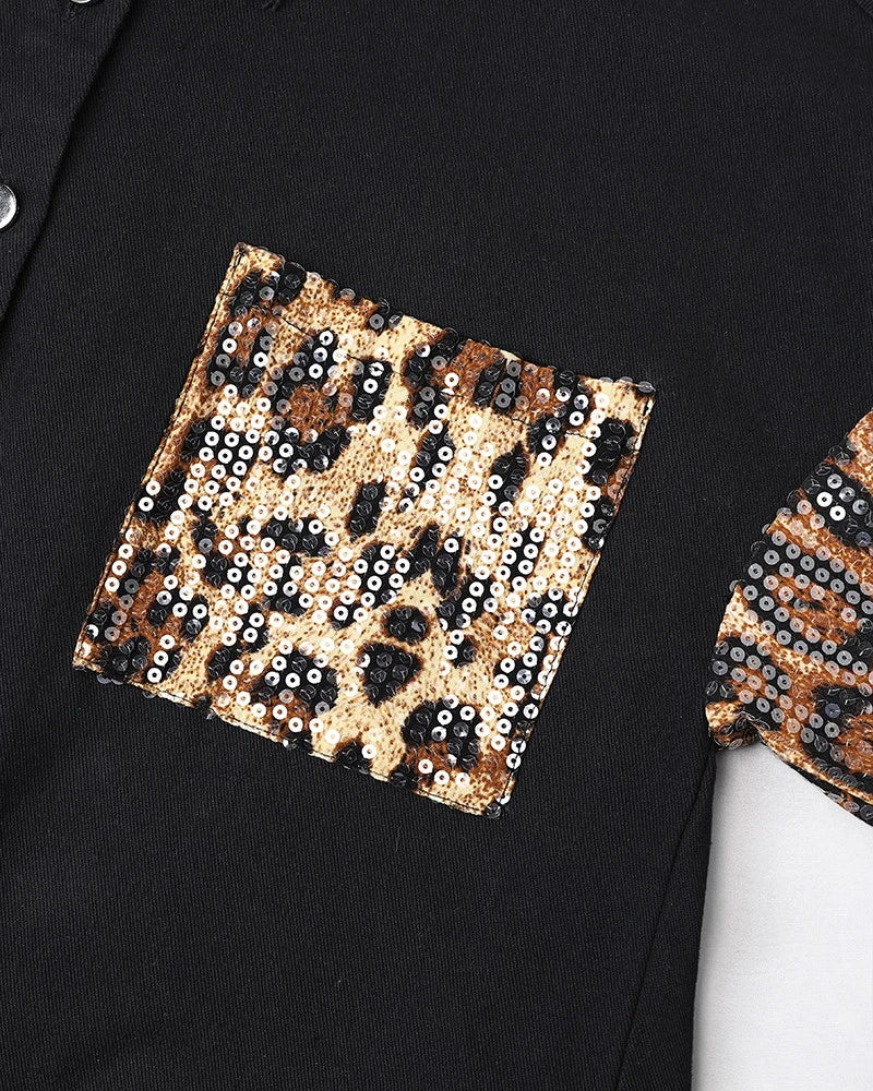 Women’s Turn-down Collar Jackets Contrast Leopard Sequin Patchwork Long Sleeve Jacket/ Top Button Front Raw Hem Shacket