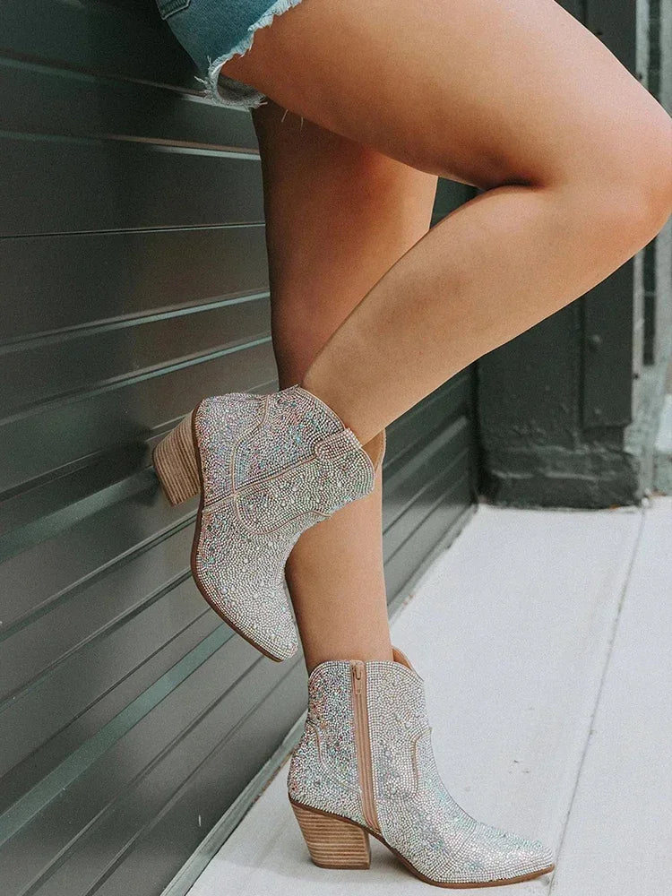 Western Cowboy Boot Fashion Women Ankle Boots Glitter Bling Shiny Trend High Quality Boot.   Botas De Mujer 2025