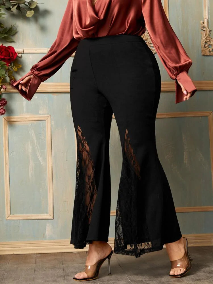 Plus Size Casual Black High Waist Lace Flare Leggings Sexy Vintage Women Pants