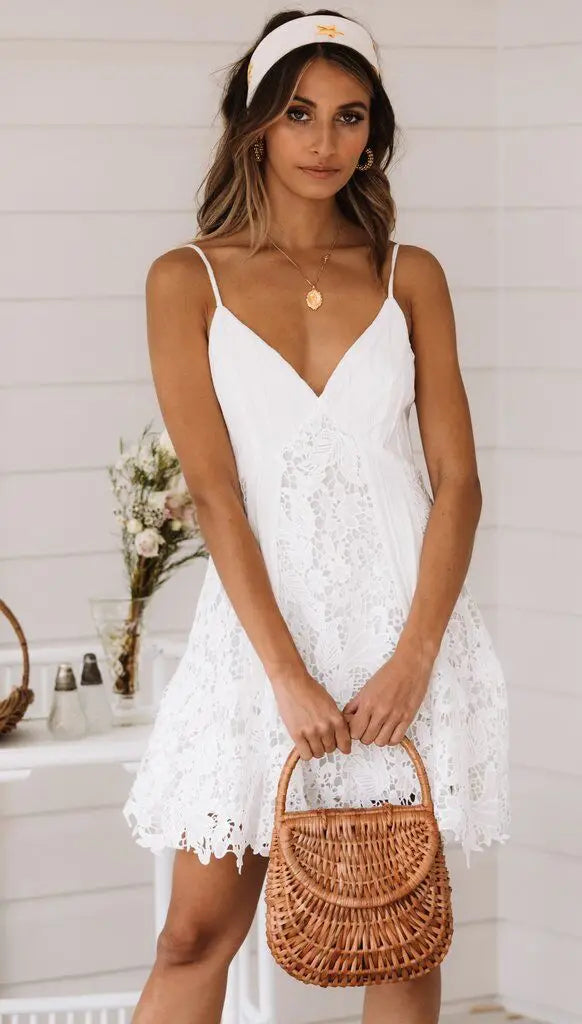 Sexy White Lace Spaghetti Strap Mini Dress Deep V-neck Backless A-line Dress.