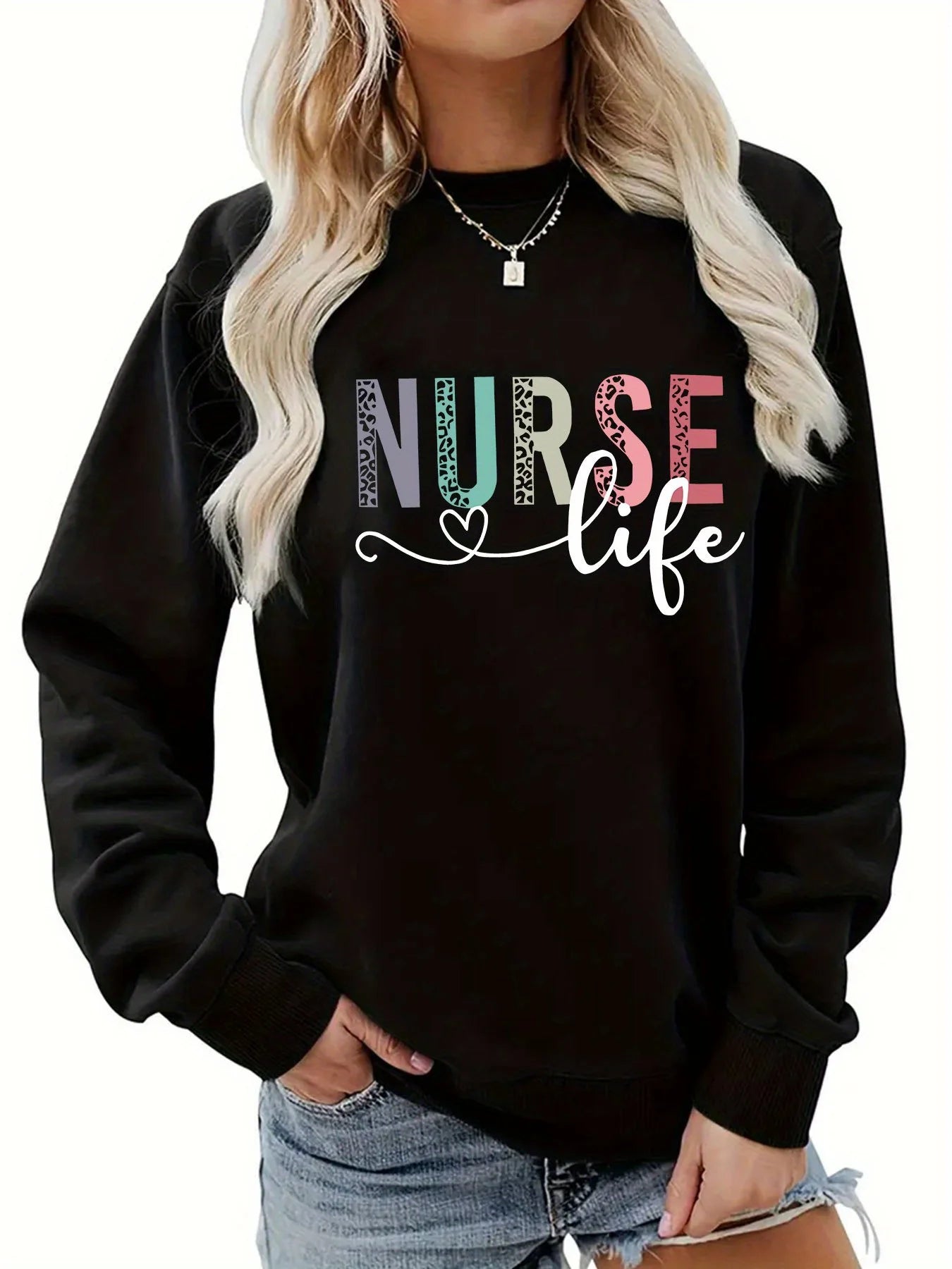 Women's Casual NURSE Print Pullover Sweatshirt  Long Sleeve Round Neck Machine Washable.   S-2X