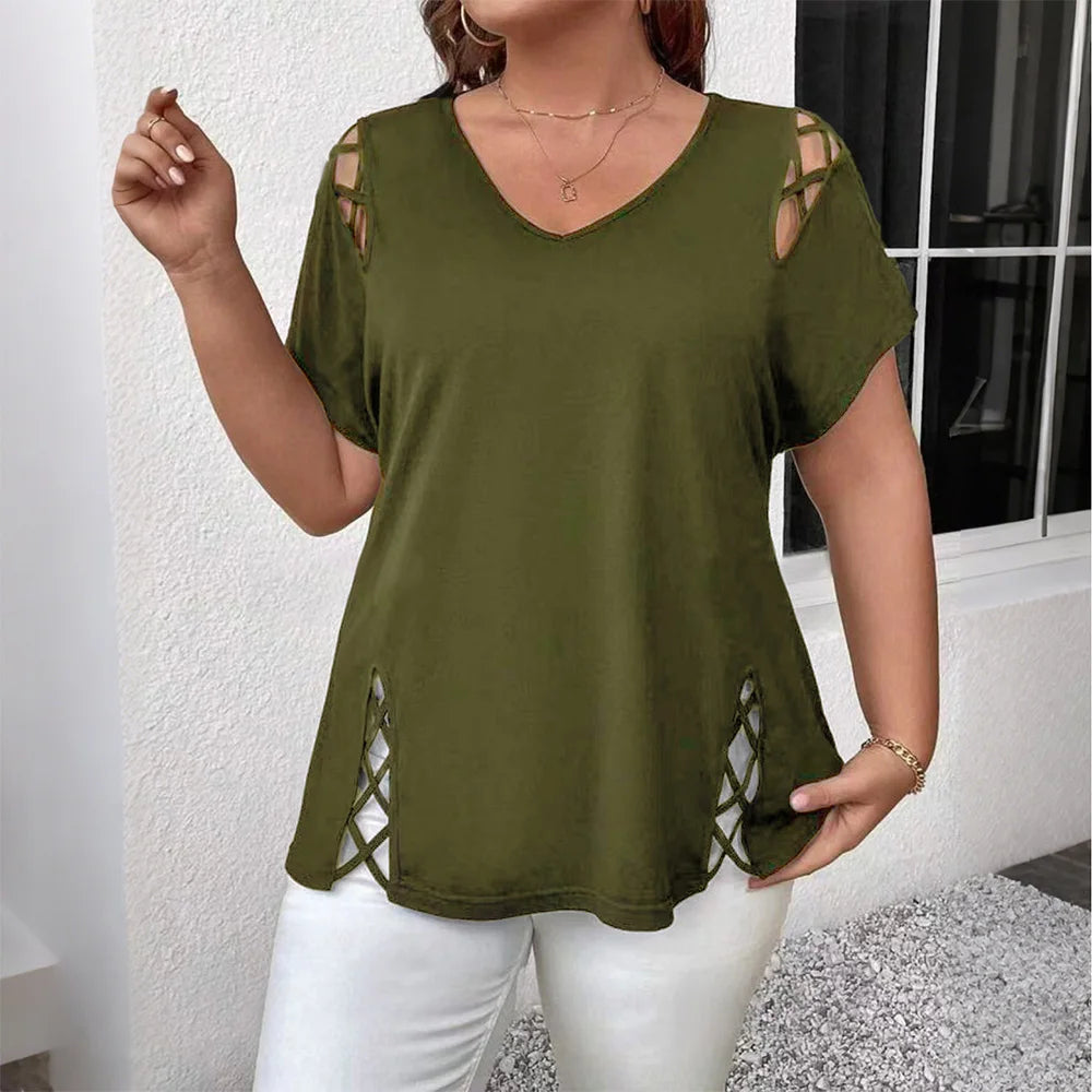 Plus Size Women's Solid Short Sleeve V-Neck Hollow Out Casual Top.