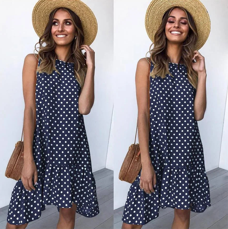 Ruffled Polka Dot Dress Sleeveless, Round Neck, Loose Hem,   S-2X