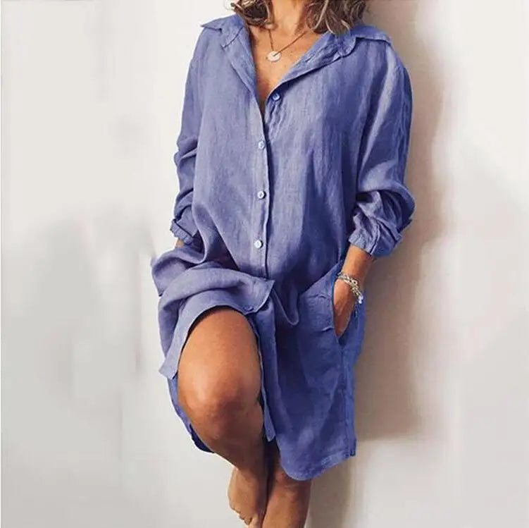 Linen And Cotton Ladies Shirt/Dress, Casual Long Sleeved   S-4xl