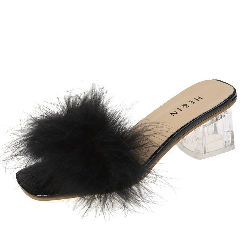 Fashion Women's Summer New Open Toe Plush Faux Fur Chunky Heel  Square Toe Sandal