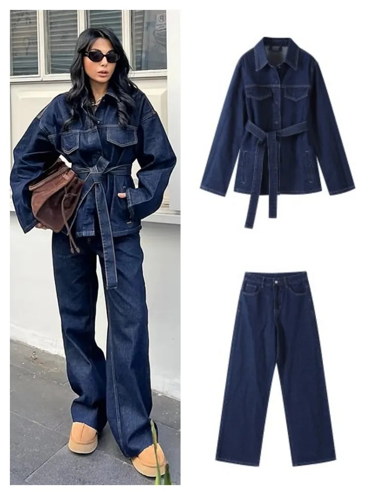 Chic Denim Lapel Jacket Long Pant Woman's Set Retro Single Breasted Jackets With Belt Straight Trouser Sets Lady Classic Outfits.   S-L