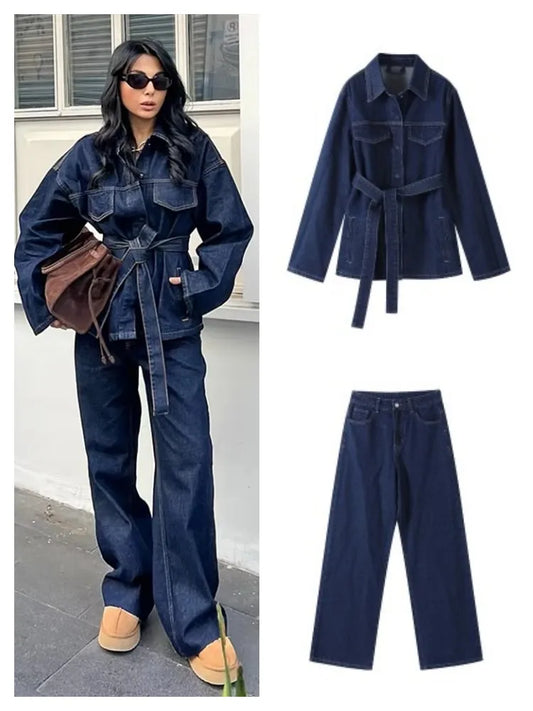 Chic Denim Lapel Jacket Long Pant Woman's Set Retro Single Breasted Jackets With Belt Straight Trouser Sets Lady Classic Outfits.   S-L