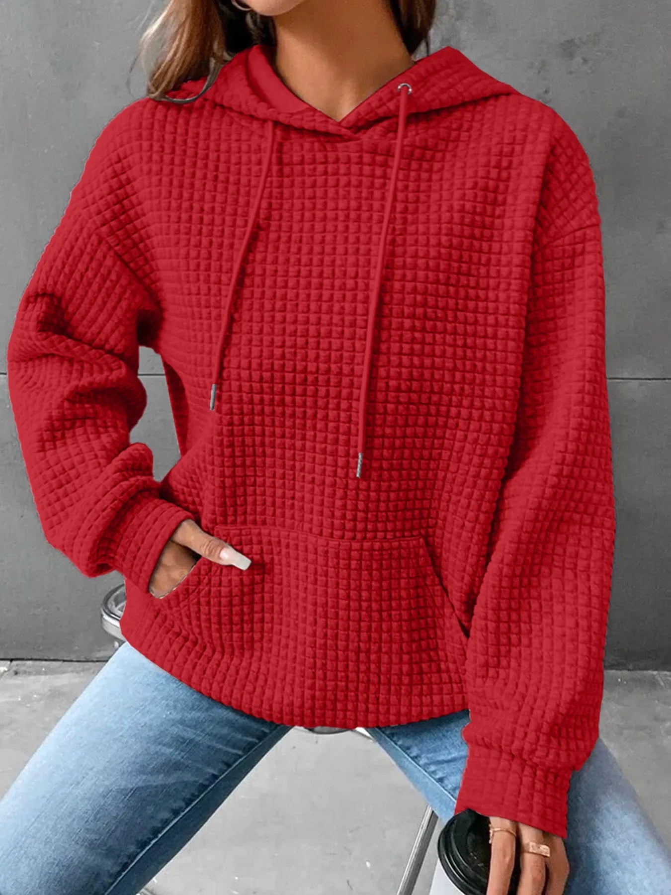 Women's hooded sweatshirt spring and autumn style waffle fashion beautiful solid color hooded drawstring loose sweatshirt.  S-2XL