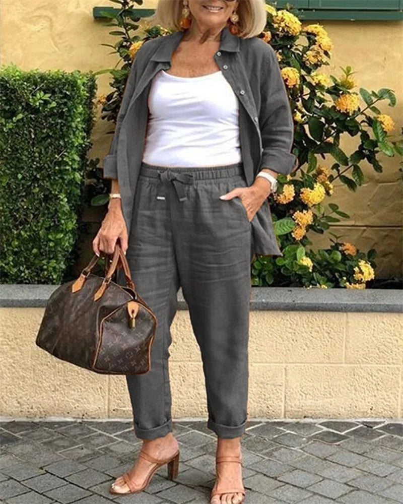 Plus-size women's casual fashion solid color button long-sleeved Shirt/Cardigan cotton linen 2 piece