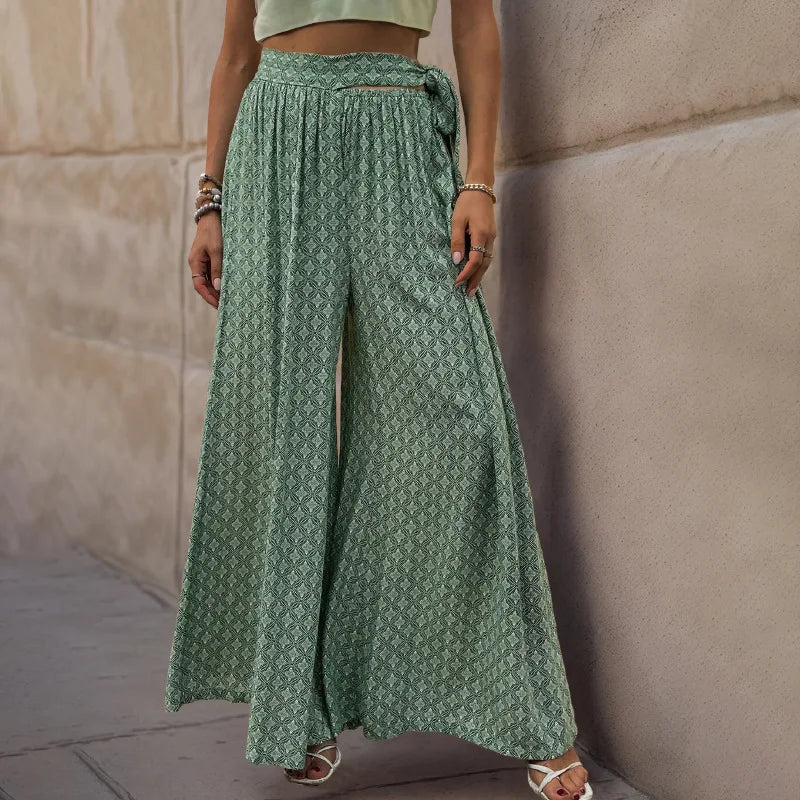 New Ladies Wide-leg  Lace-up High-waist Casual Printed Trousers