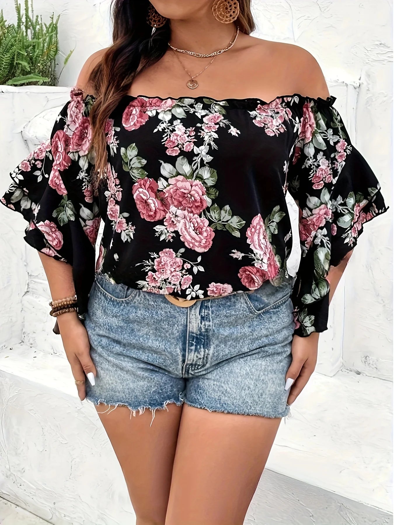 Plus Size Summer Women Elegant Chiffon Floral Print Off the Shoulder Ruffle Sleeve .