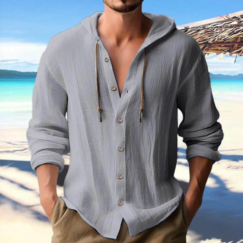 Summer Men's Linen Shirt Solid Street wear Long Sleeve Hoodie Cardigan Button Casual top