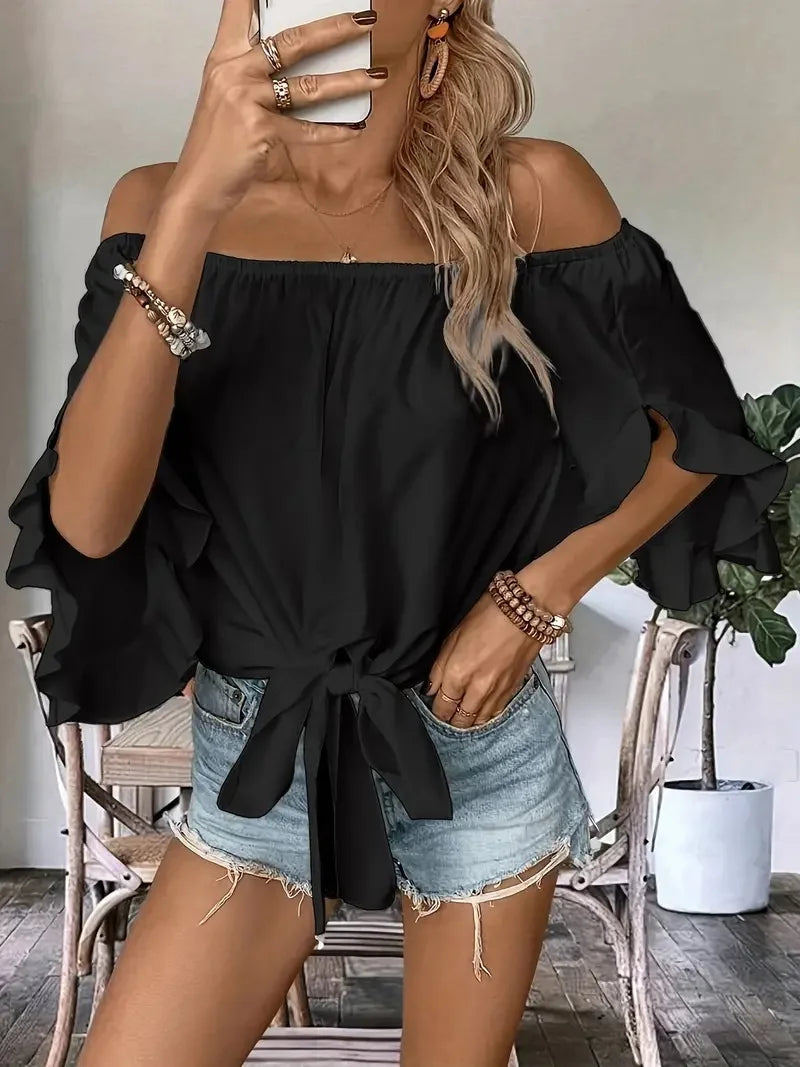 Summer One Shoulder Short Sleeved Top for Women Solid Colour Ruffle Sleeve Elegant Top.   S-2X