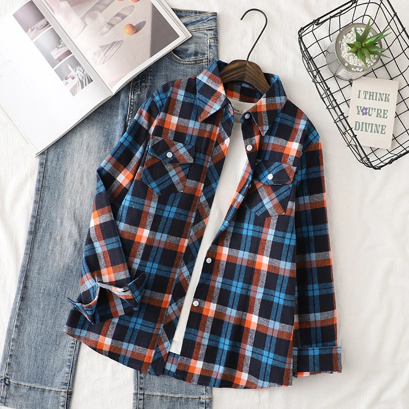 Cotton Flannel Plaid Casual Slim Fit Long Sleeve Top.  XS-3XL