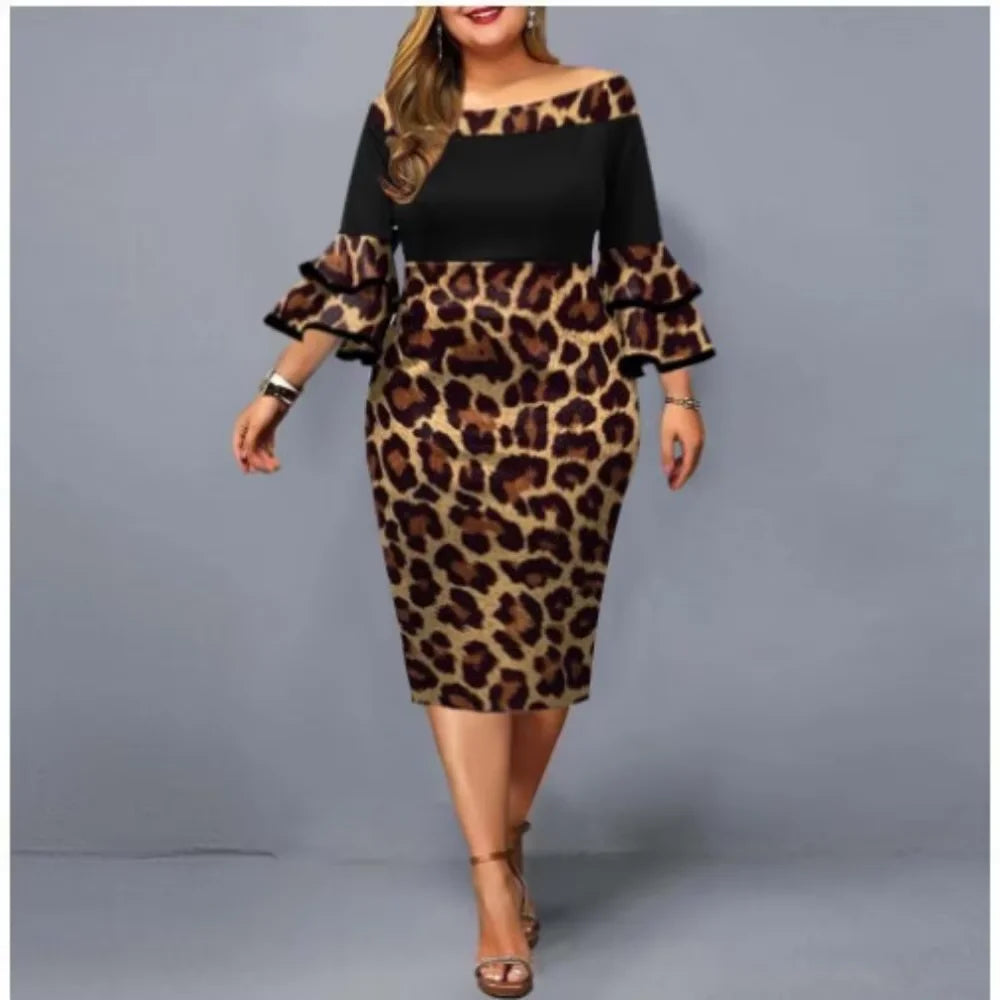 Plus Size Elegant Print Midi Dress - Long Sleeve Party Dress