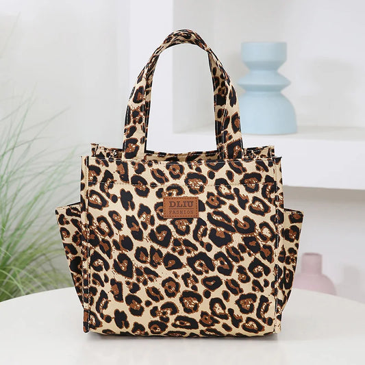New Retro Leopard Print Large Capacity Lunch Tote Bag with Storage Pouch Commuter Work Handbag Portable Meal Bag