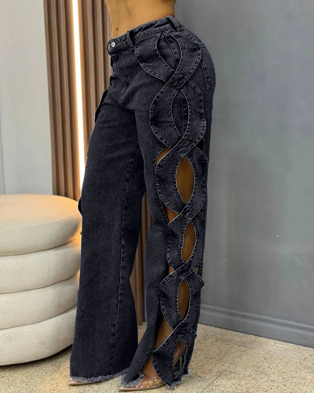 2025 Spring and Summer Personality Side Hollow-out Design Jeans.New Fashion S-line Denim Patchwork Straight Leg Trousers.  S-2X