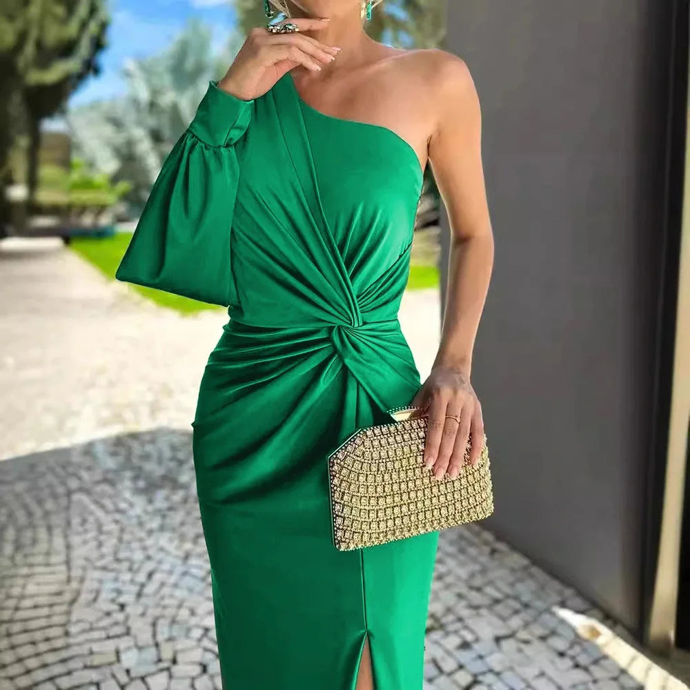 Women's Sexy Party Spring Summer New Skew Collar Fashion Maxi Dress One Shoulder Ladies Dress.  S-3X