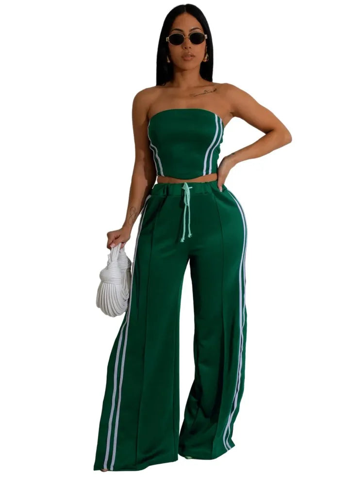 Women's Sexy Sleeveless Wide-leg Pants Two-piece Summer New Female Casual Solid Color Striped Top Long Pant Suit 2025.  S-2x