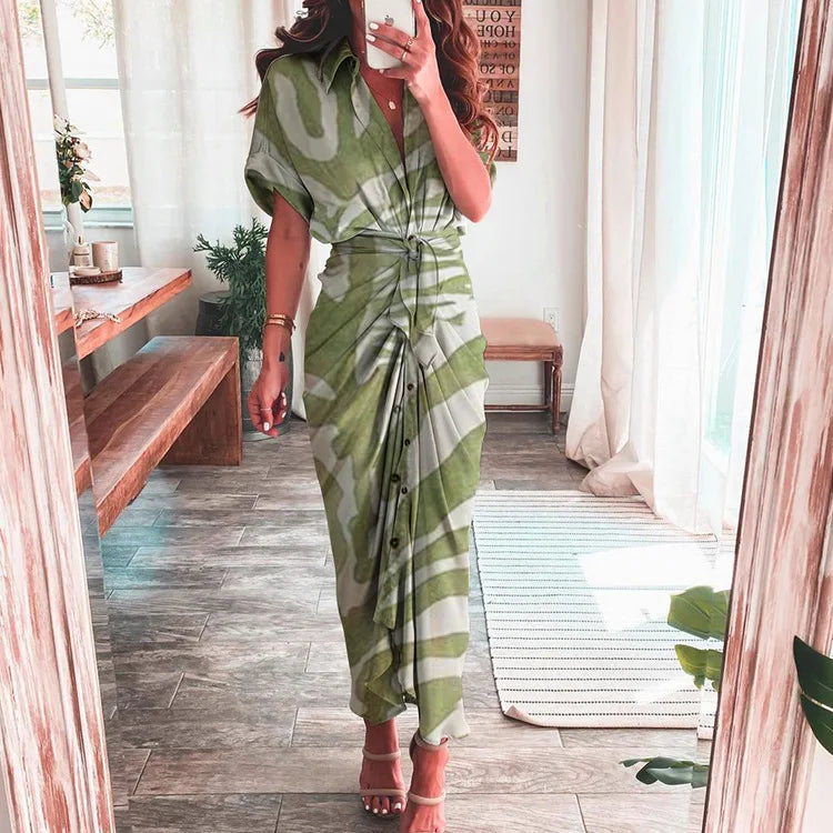 Summer Fashion Printed Short Sleeve Dress Vintage Waist Tie-up Button Bandage Long Dress.  S-3x