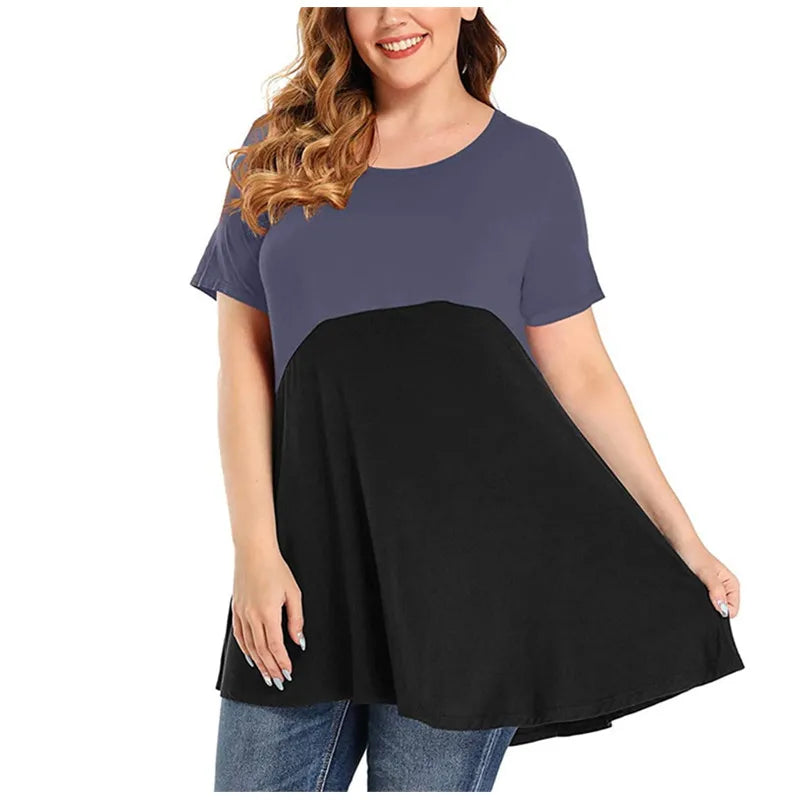 Women Shirt Plus Size Loose Short Sleeve Casual Ladies Contrast Colour Shirt.