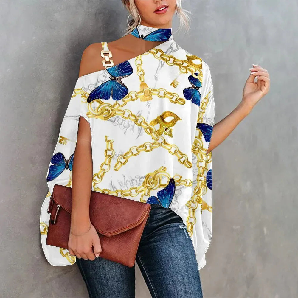 Sexy Halter Loose Blouse Elegant Print Off Shoulder Batwing Sleeve Summer Fashion.  S-2X