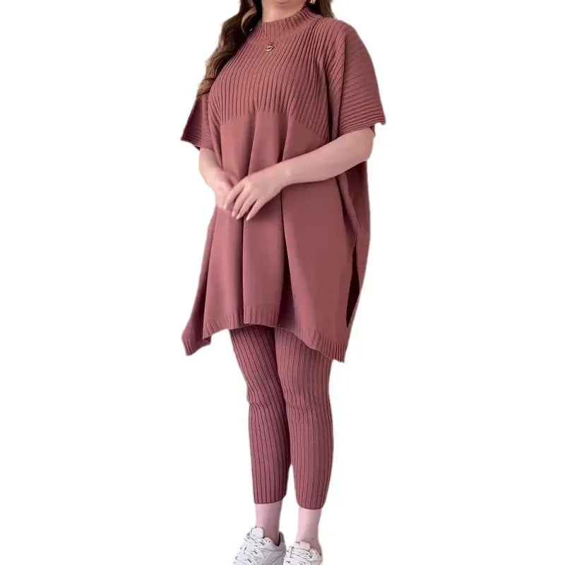 Women Two Piece Pant Sets Knitted Batwing Sweaters Short Sleeve Split Top Loose Fit Casual Elastic Waist . Sizes XS-3X