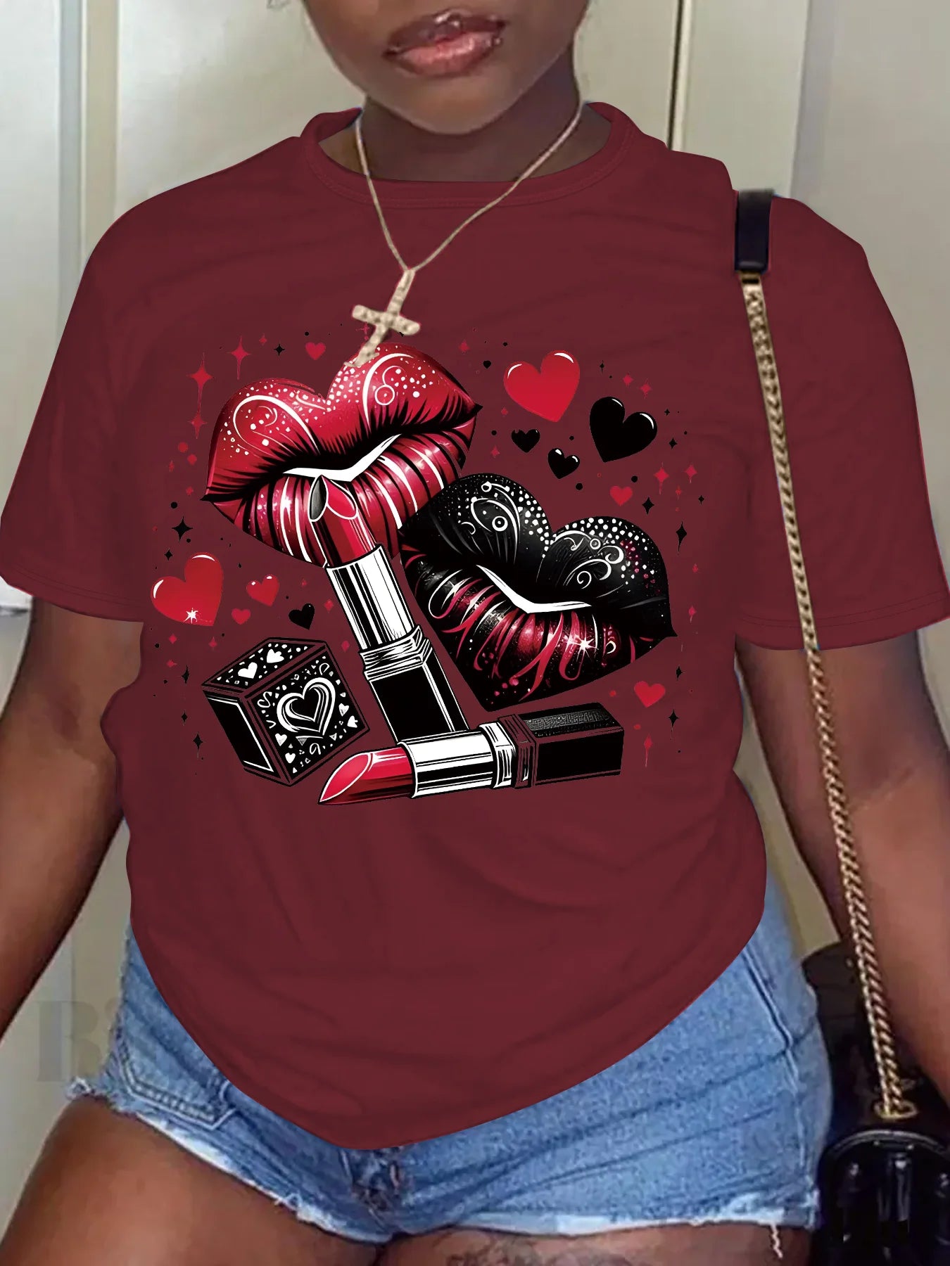 Women Plus Size Clothing Summer Round Neck Short Sleeve Printed Love Lips Lipstick Fashion Plus Size T-Shirts Y2k Top