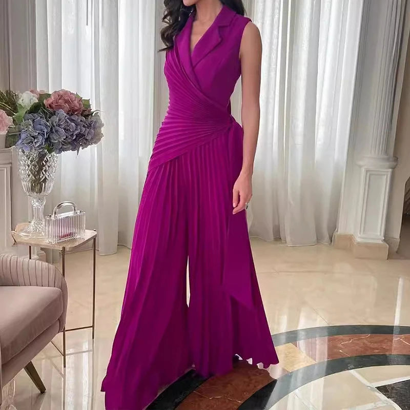 High Waist Sexy Sleeveless Pleated Jumpsuit Fashion Solid Colour Wide Leg.  S-2X