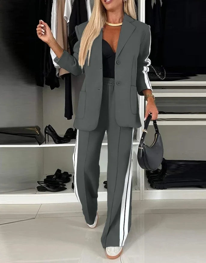 Women's Fashion Latest Striped Side Sporty Tape Notched Collar Front Button Blazer Wide-Leg Pants  Set