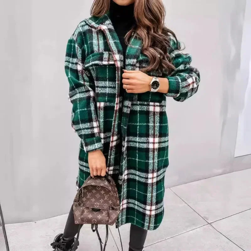 Jacket Spring and Autumn Jacket Women's Plaid Polished Long Sleeve And Pockets Outerwear.  S-2x