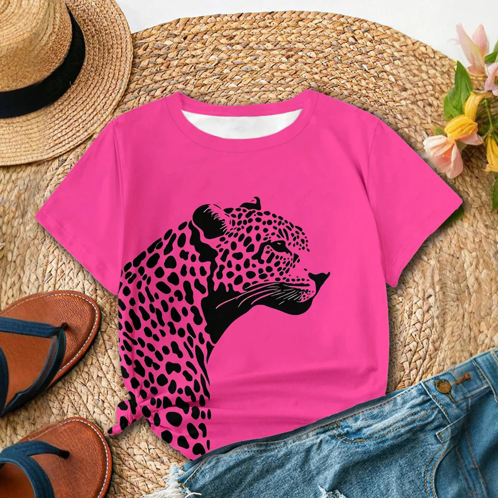 Women's Bright Pink T-Shirt with Black Leopard Print Casual Summer Style Short Sleeve Top For Daily Wear.   XS-3X