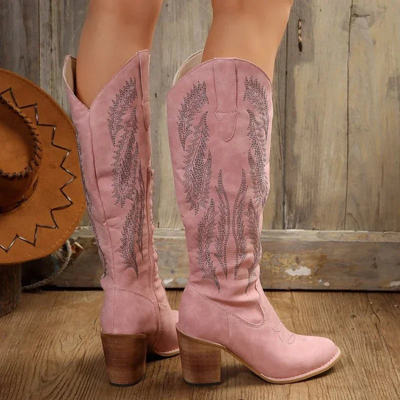 Women Thick Heel Western Boot Knee High Cowboy Pointed Toe Boot