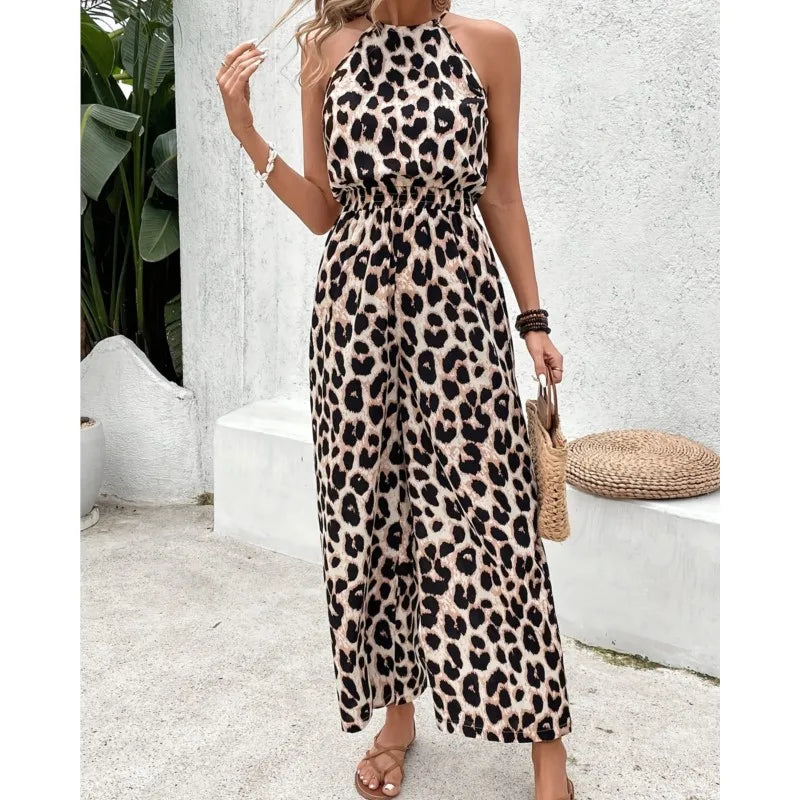 Summer Sexy Leopard Jumpsuit Women 2025 New Elastic Waist Sleeveless Jumpsuit.  S-2X