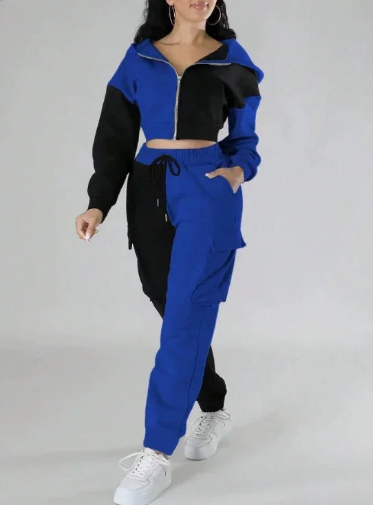Women Loose Two Piece Matching Set Zip- Up Hoodie And Drawstring Cargo Pants Suit.  S-2x