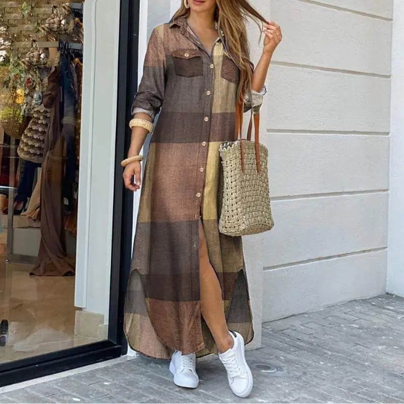 Women's Fashion Plaid Printed Polo Neck Shirt Dress Elegant Denim Long Sleeve Button Pocket Loose Long Dress.   S-3X