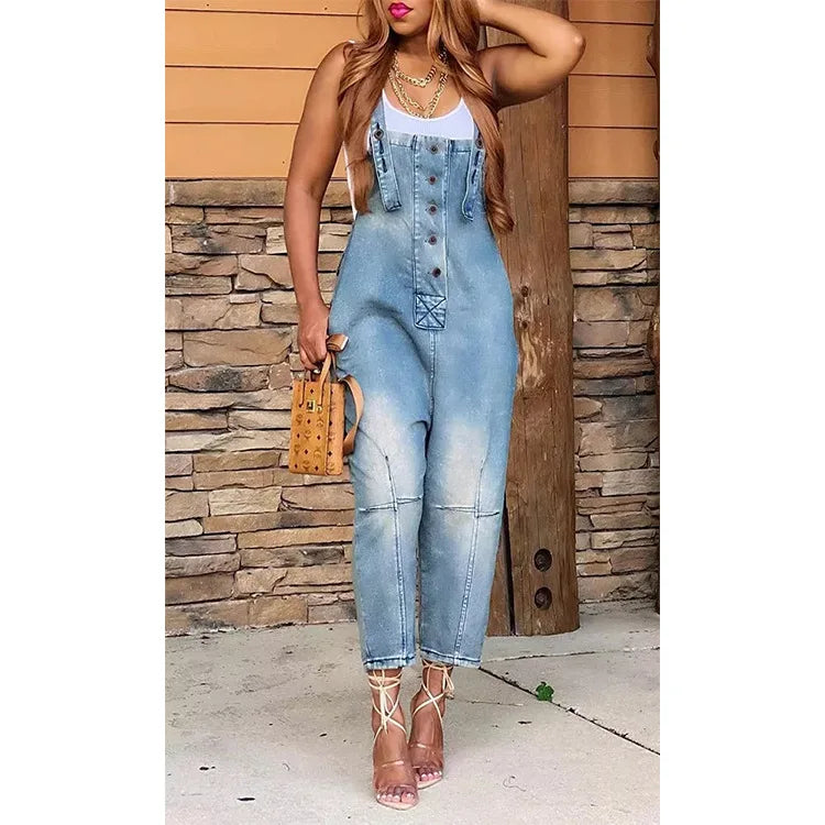 Women One Piece Denim Overalls Sleeveless Straight Romper Casual  Ladies Jumpsuit.  S-3X