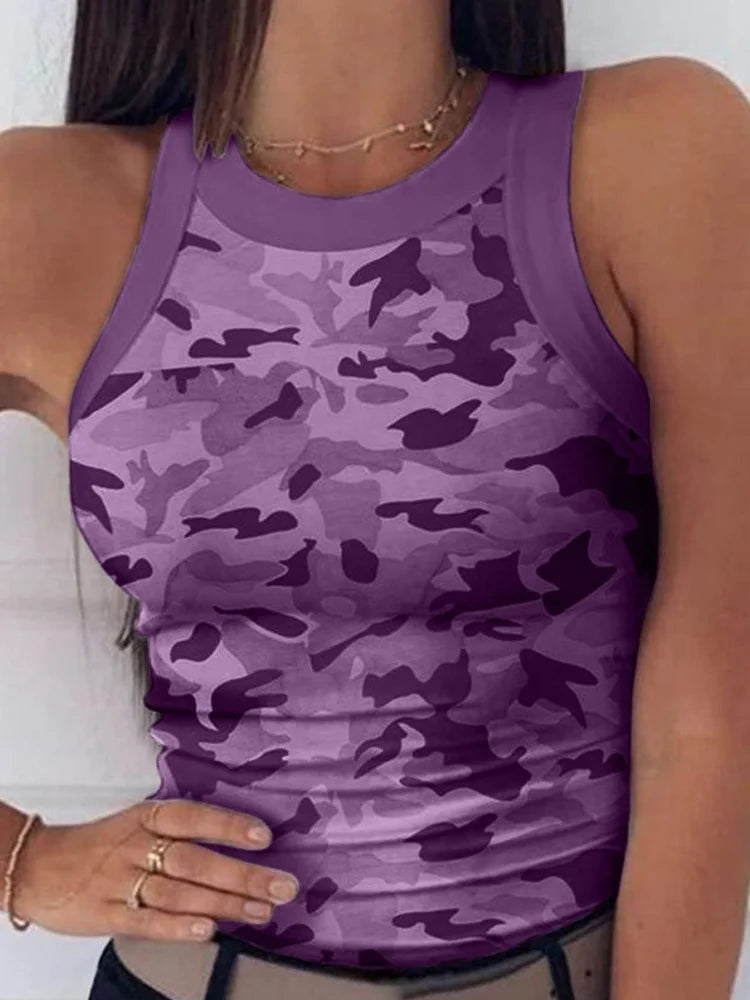 Women Casual Camo Round Neck Ribbed Tank Top Summer Basic Sexy Crew Neck.  S-2x