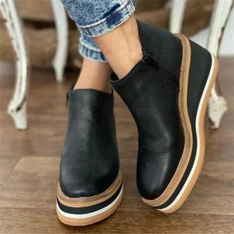 Wedges Women's Ankle Platform Booties Comfortable Zipper Leather Shoes