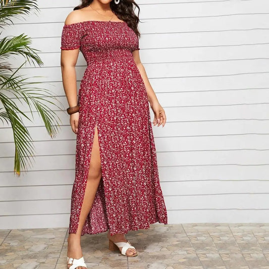 Curvy Size Long Off The Shoulder Maxi Dress Bohemian Style.